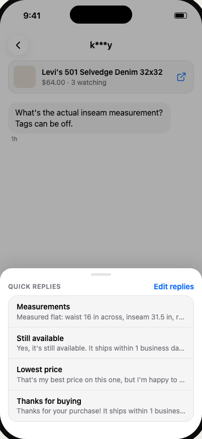 Quick replies tray over a buyer conversation